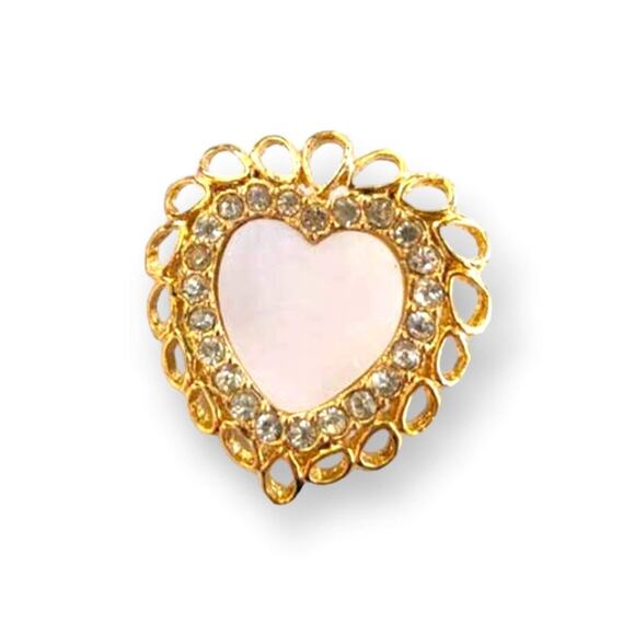 Ornate gold tone, mother of pearl, rhinestone heart pin - Picture 1 of 7
